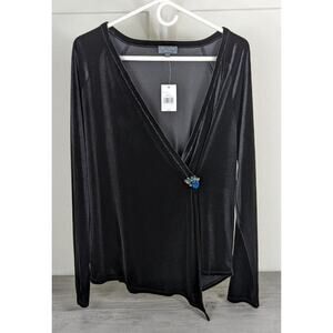 NWT The Limited Collection Black Velvet Asymmetrical VNeck Gem Pin Top sz L